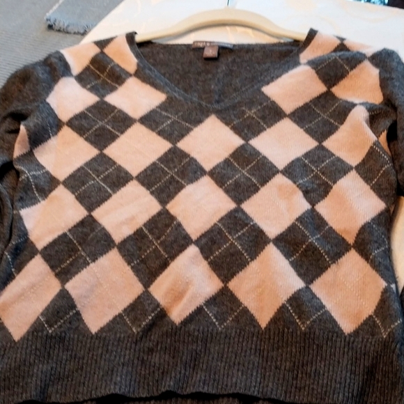 Apt #9 100% Cashmere Sweater V-Neck Argyle Print Pink & Grey Size Small Vintage - Picture 4 of 6